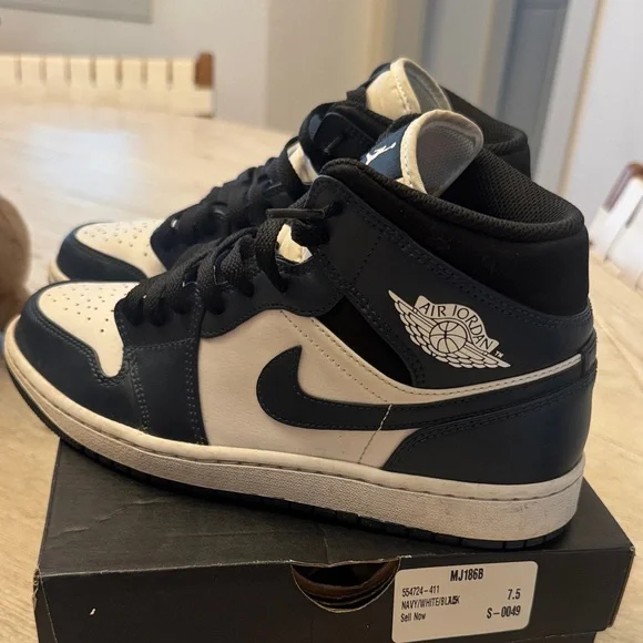 Air Jordan 1 Men’s Black, Navy and White Mid-Top Sneakers - Picture 1 of 8
